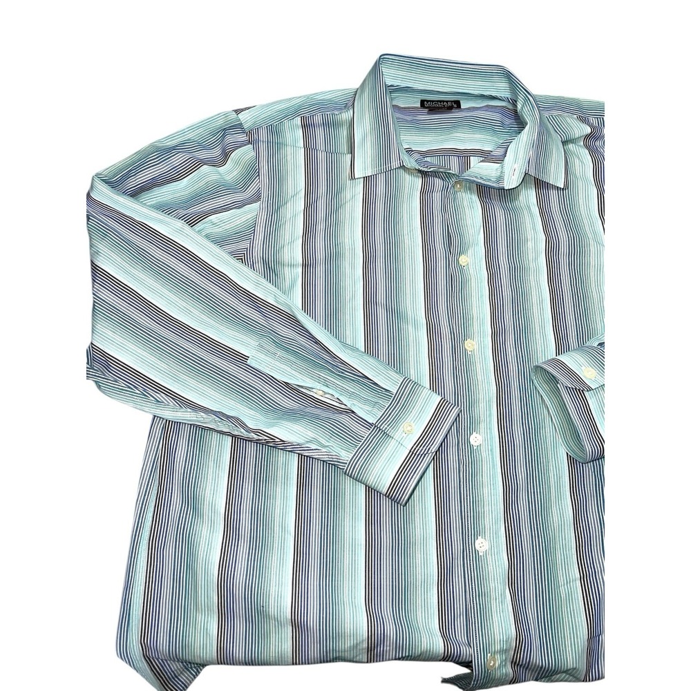 Men's‎ Michael Kors Michael Long Sleeve Button Up Shirt Blue/Green Stripe XXL - Picture 2 of 7